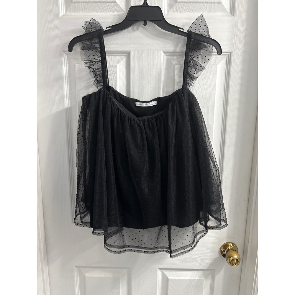 Black Polka Dot Tulle Cami Top Ruffle Sleeves Tank By Egreis Party Cute